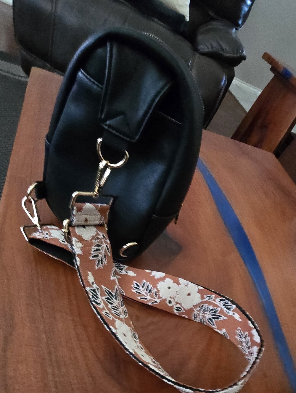 KEDZIE Black Mini Backpack Bag with Floral Strap - Picture 6 of 8